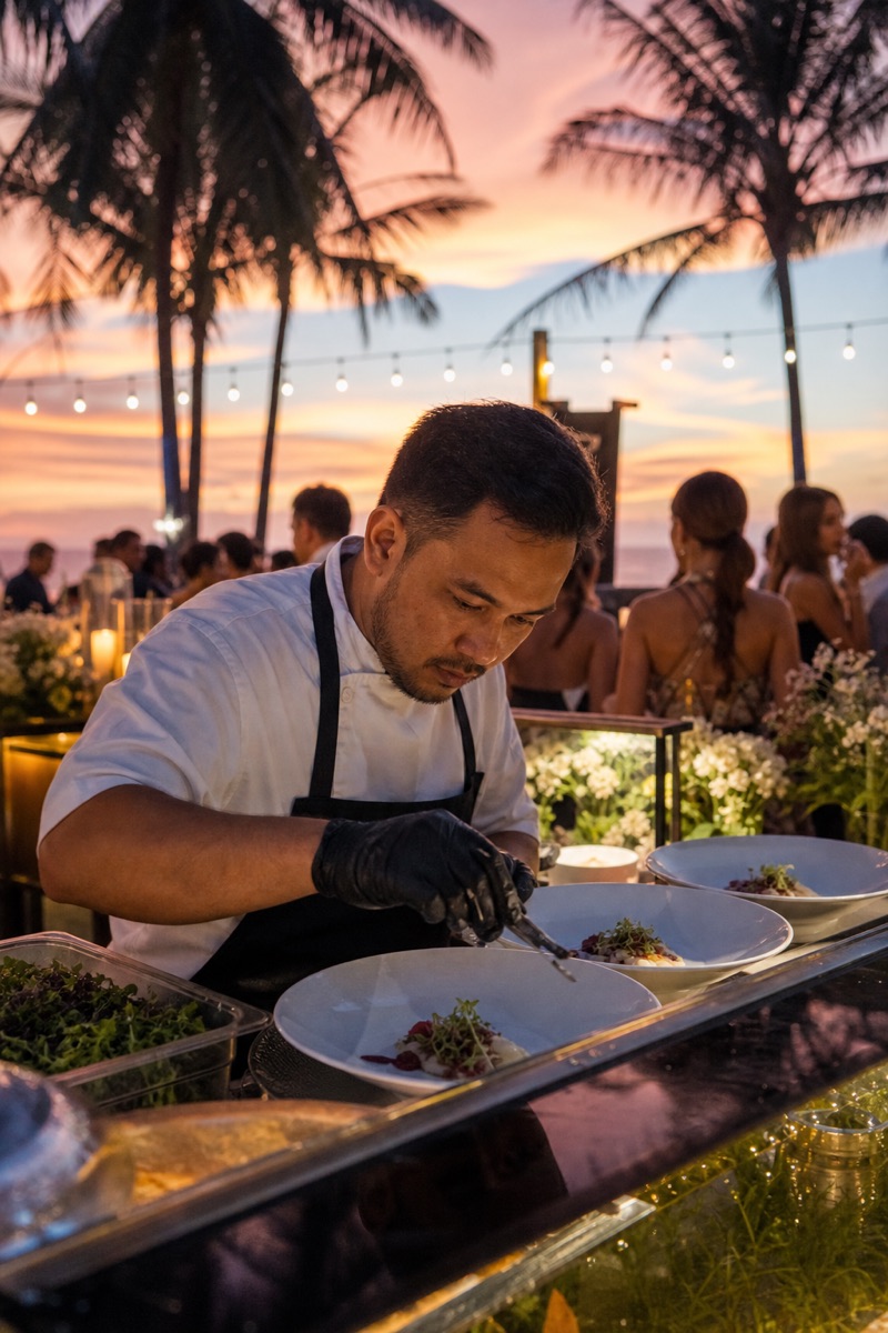 Private chef plating luxury catering dishes at a Phuket villa sunset buffet