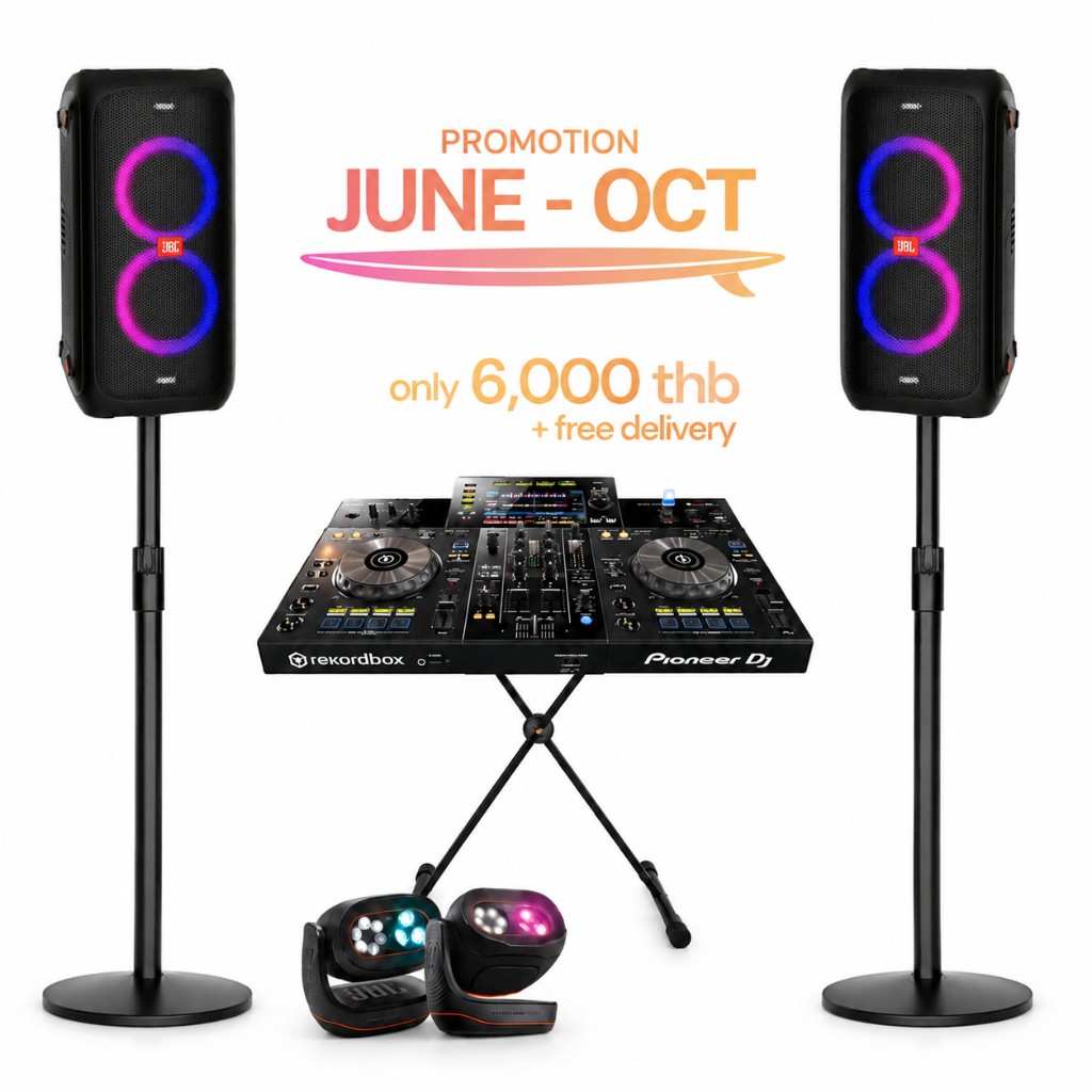 SerfSeason Set DJ package rental in Phuket with Pioneer XDJ-RR, JBL PartyBox speakers and stage lights