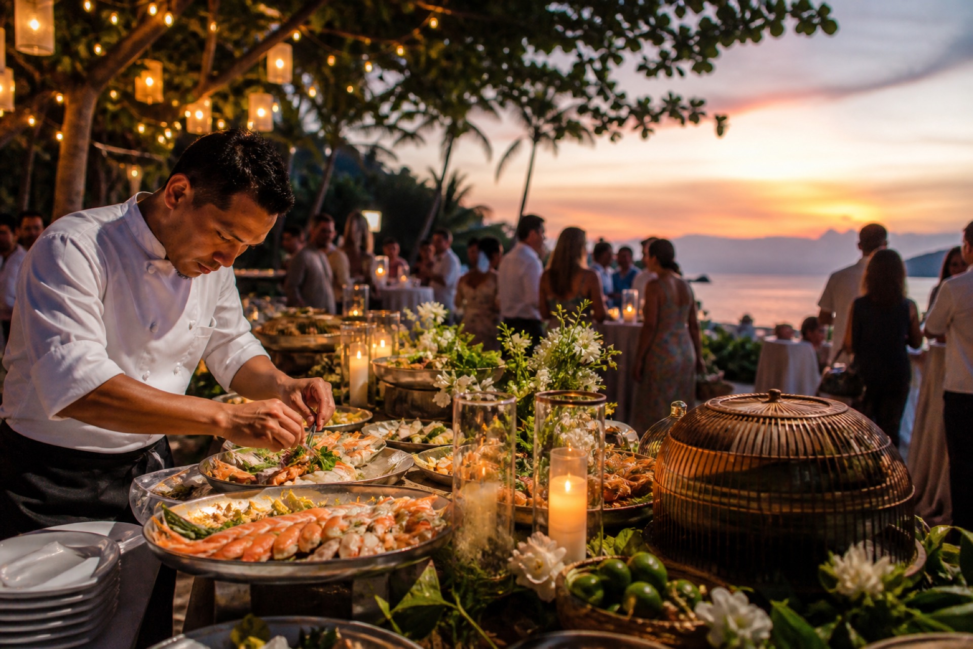 Private chef and luxury catering service at a Phuket villa sunset event