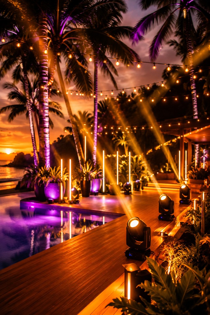Event lighting setup in Phuket for weddings, villa parties and corporate events