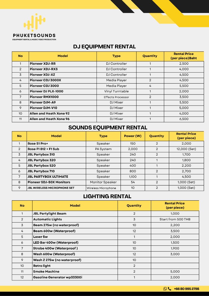 Phuket Sounds equipment rental price list — DJ, sound and lighting
