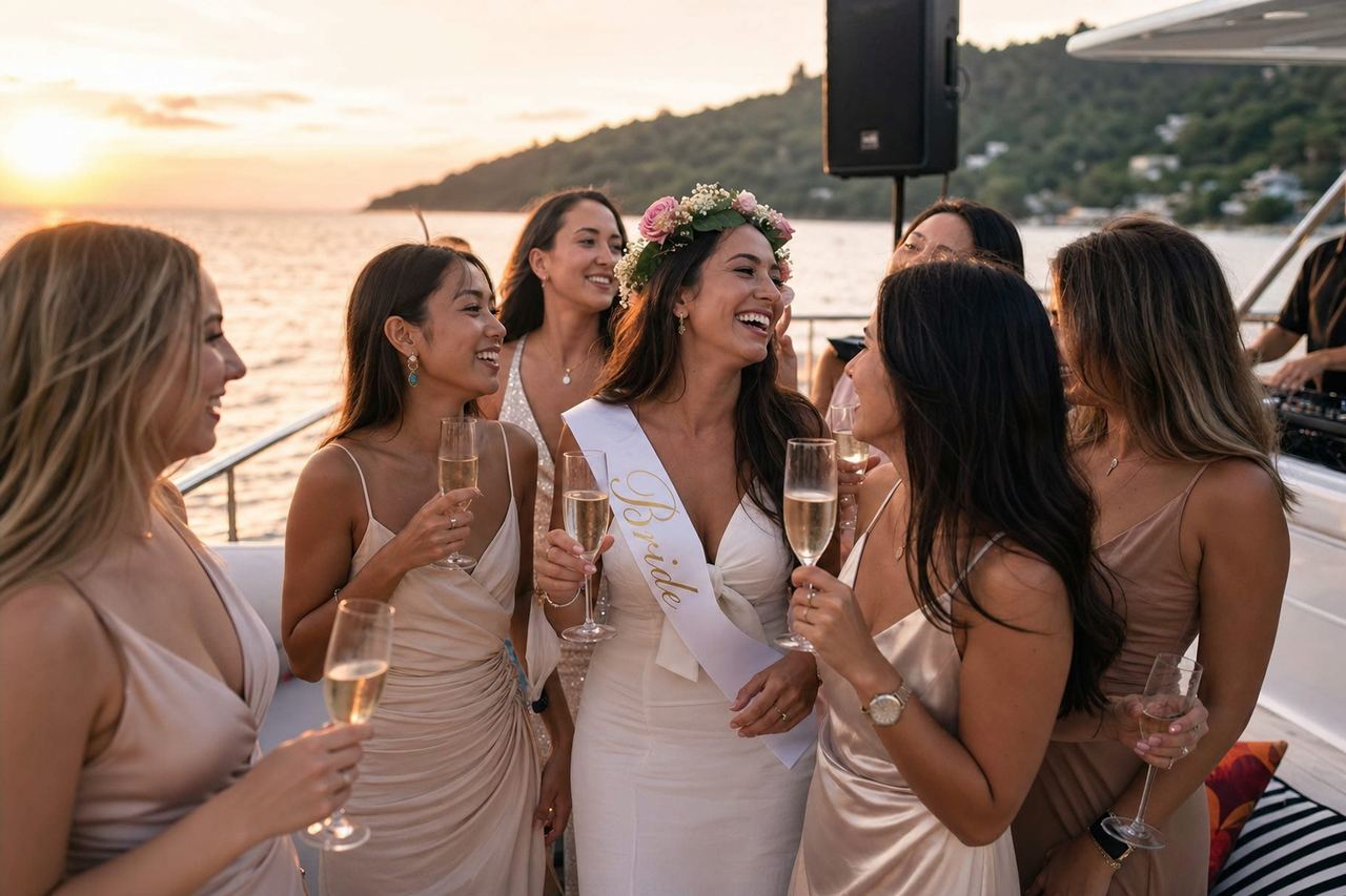 Bachelorette yacht party with bride and bridesmaids celebrating on deck in Phuket