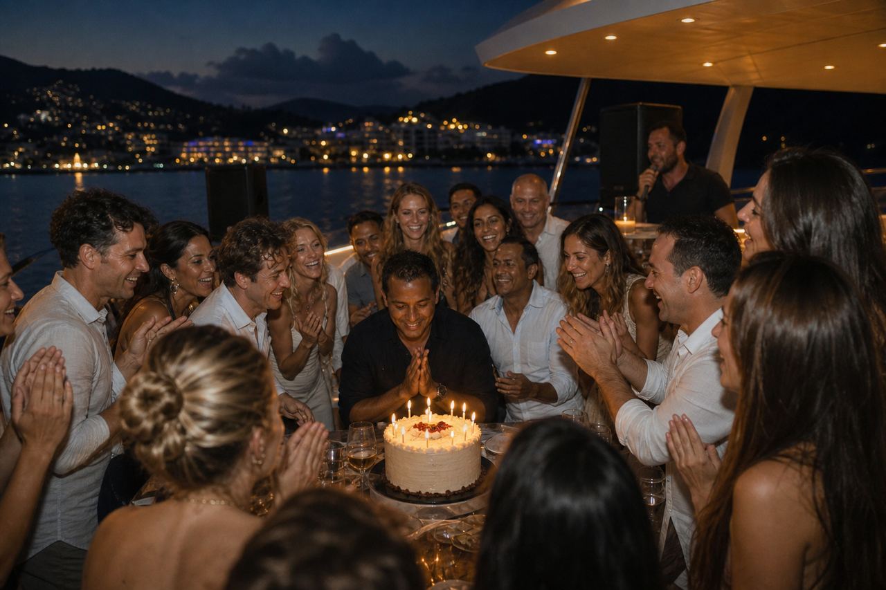 Birthday boat party with cake and candles on a yacht deck in Phuket