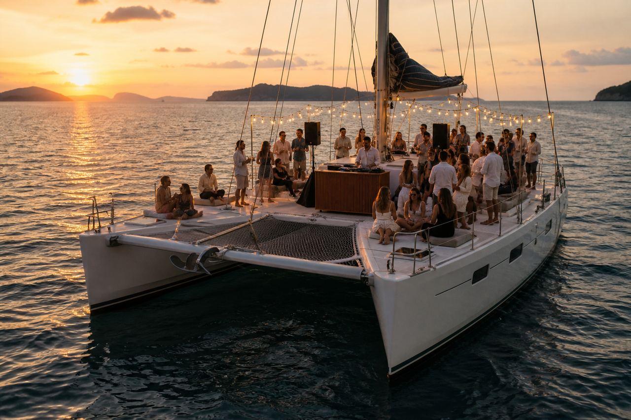 Twin-hull catamaran party with DJ and guests on wide deck in Phuket