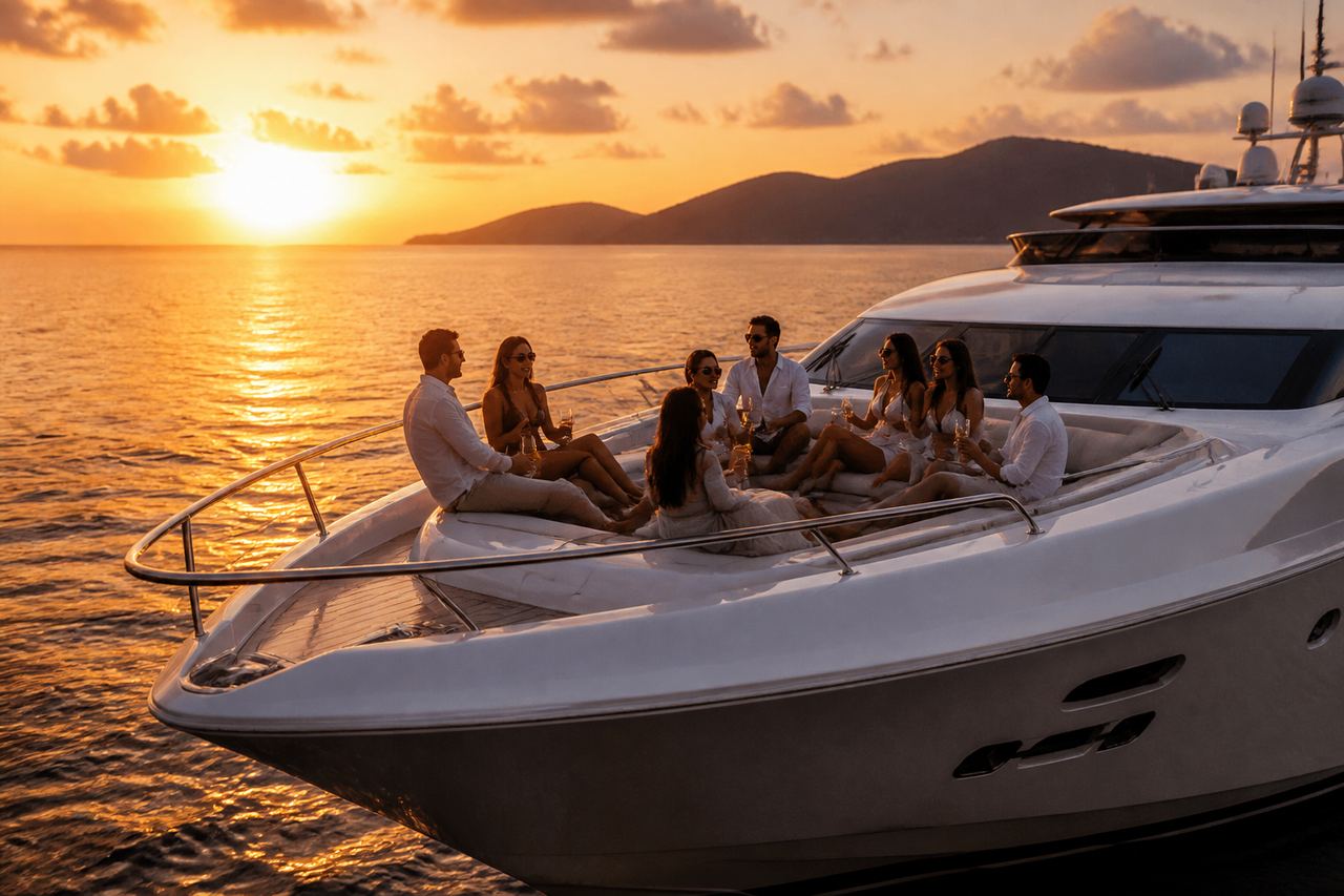 Guests seated on the bow of a luxury super yacht at sunset in Phuket