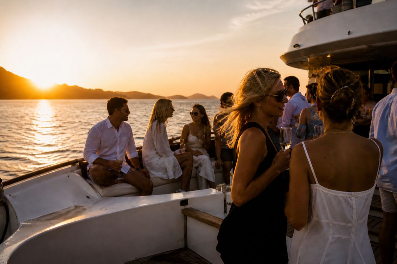 Sunset yacht party with guests on deck in Phuket